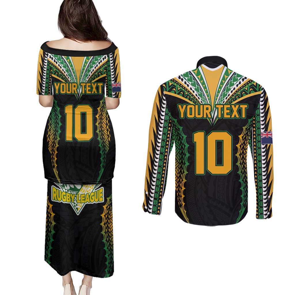 Custom Cook Islands Rugby League Couples Matching Puletasi and Long Sleeve Button Shirt Tatau Tribal Pattern-Special Edition Black Color LT03 - Polynesian Pride