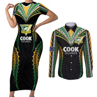 Custom Cook Islands Rugby League Couples Matching Short Sleeve Bodycon Dress and Long Sleeve Button Shirt Tatau Tribal Pattern-Special Edition Black Color LT03 Green-Black - Polynesian Pride