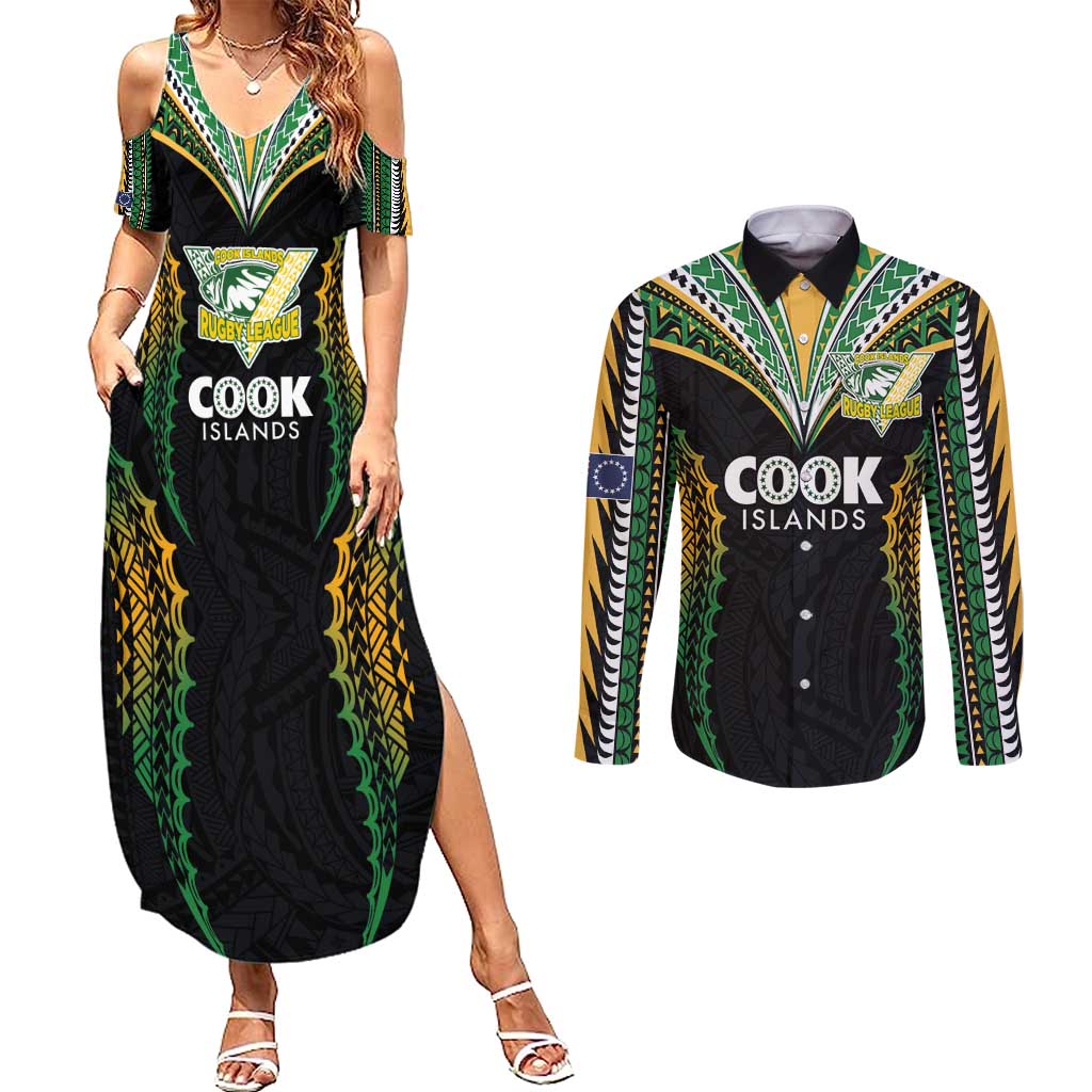 Custom Cook Islands Rugby League Couples Matching Summer Maxi Dress and Long Sleeve Button Shirt Tatau Tribal Pattern-Special Edition Black Color LT03 Green-Black - Polynesian Pride