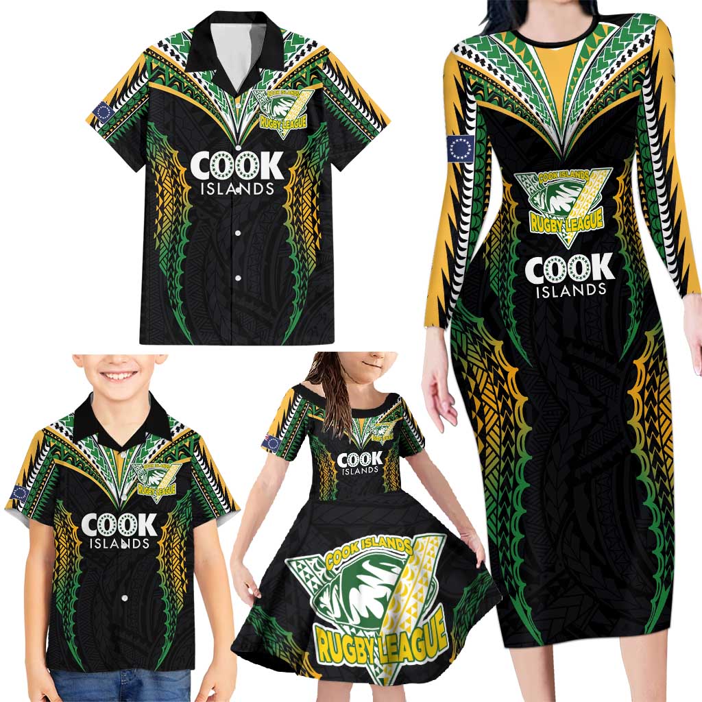 Custom Cook Islands Rugby League Family Matching Long Sleeve Bodycon Dress and Hawaiian Shirt Tatau Tribal Pattern-Special Edition Black Color LT03 - Polynesian Pride