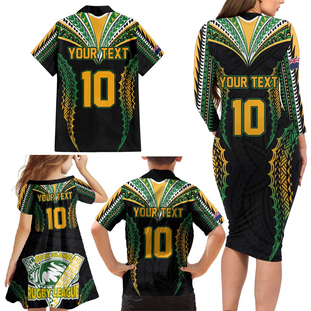Custom Cook Islands Rugby League Family Matching Long Sleeve Bodycon Dress and Hawaiian Shirt Tatau Tribal Pattern-Special Edition Black Color LT03 - Polynesian Pride