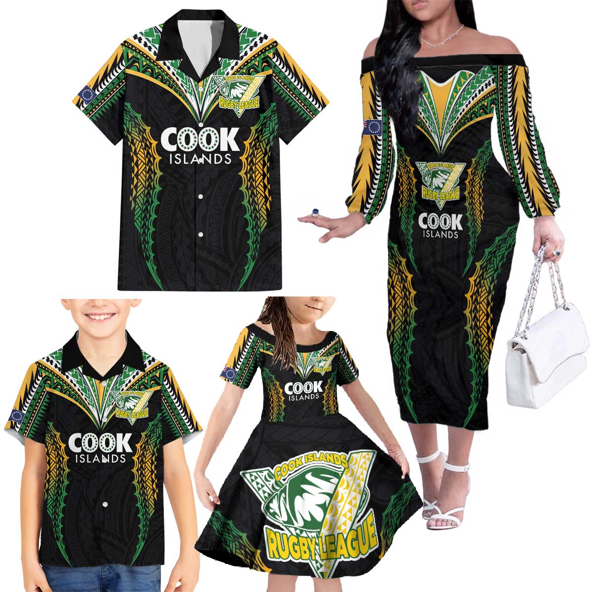 Custom Cook Islands Rugby League Family Matching Off The Shoulder Long Sleeve Dress and Hawaiian Shirt Tatau Tribal Pattern-Special Edition Black Color LT03 - Polynesian Pride
