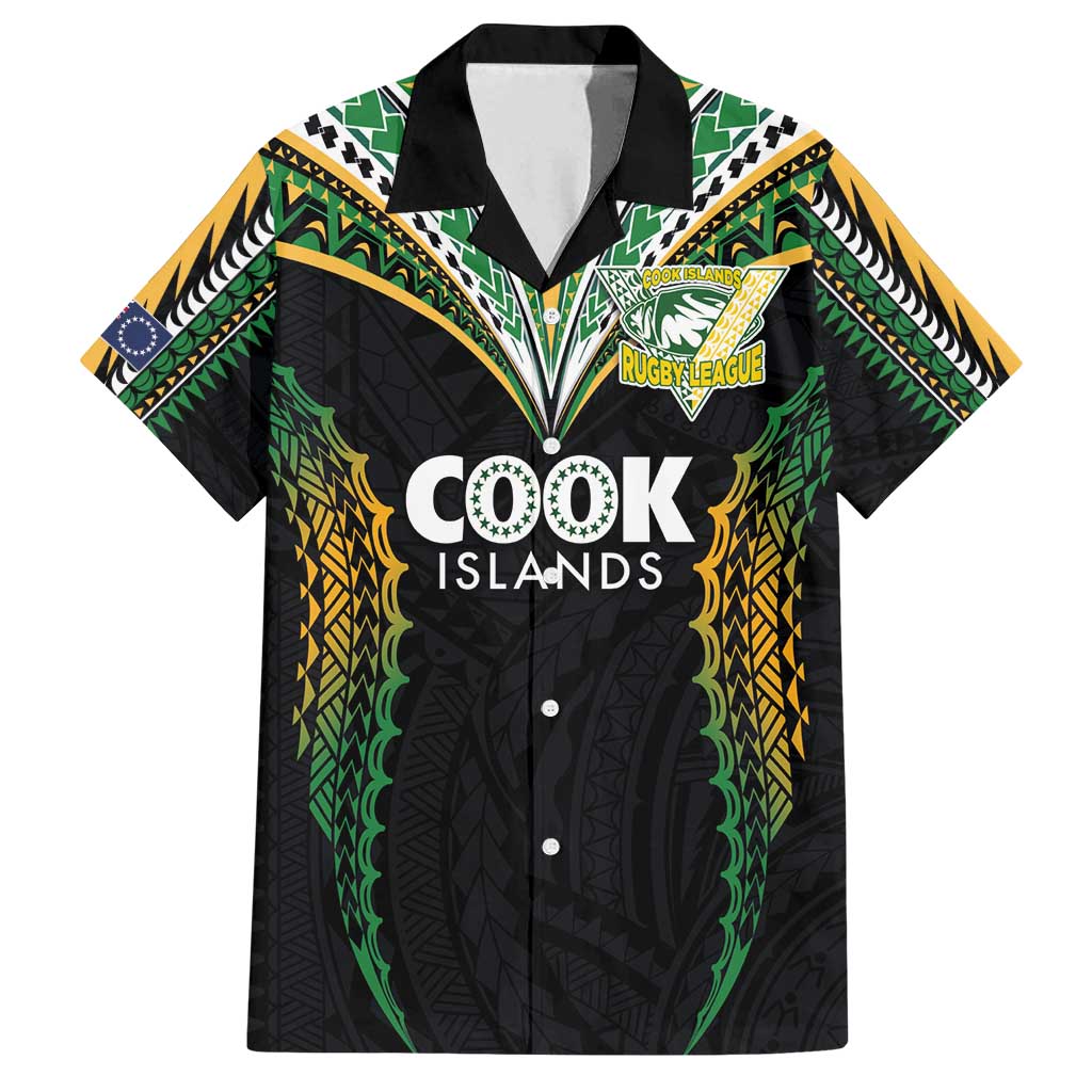 Custom Cook Islands Rugby League Family Matching Off Shoulder Maxi Dress and Hawaiian Shirt Tatau Tribal Pattern-Special Edition Black Color LT03 Dad's Shirt - Short Sleeve Green-Black - Polynesian Pride
