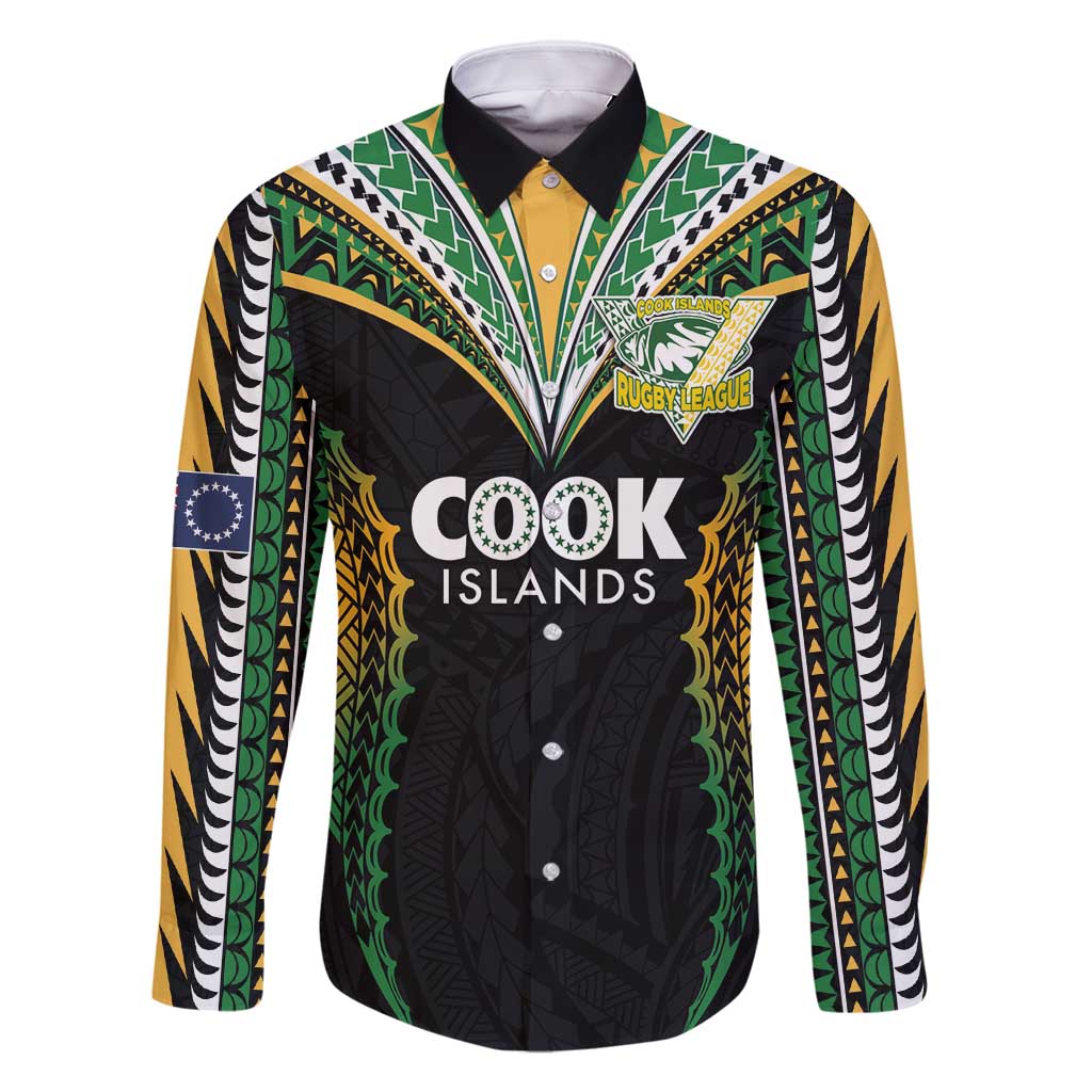 Custom Cook Islands Rugby League Family Matching Off Shoulder Maxi Dress and Hawaiian Shirt Tatau Tribal Pattern-Special Edition Black Color LT03 Dad's Shirt - Long Sleeve Green-Black - Polynesian Pride