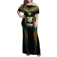 Custom Cook Islands Rugby League Family Matching Off Shoulder Maxi Dress and Hawaiian Shirt Tatau Tribal Pattern-Special Edition Black Color LT03 Mom's Dress Green-Black - Polynesian Pride