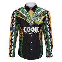 Custom Cook Islands Rugby League Family Matching Off Shoulder Short Dress and Hawaiian Shirt Tatau Tribal Pattern-Special Edition Black Color LT03 Dad's Shirt - Long Sleeve Green-Black - Polynesian Pride