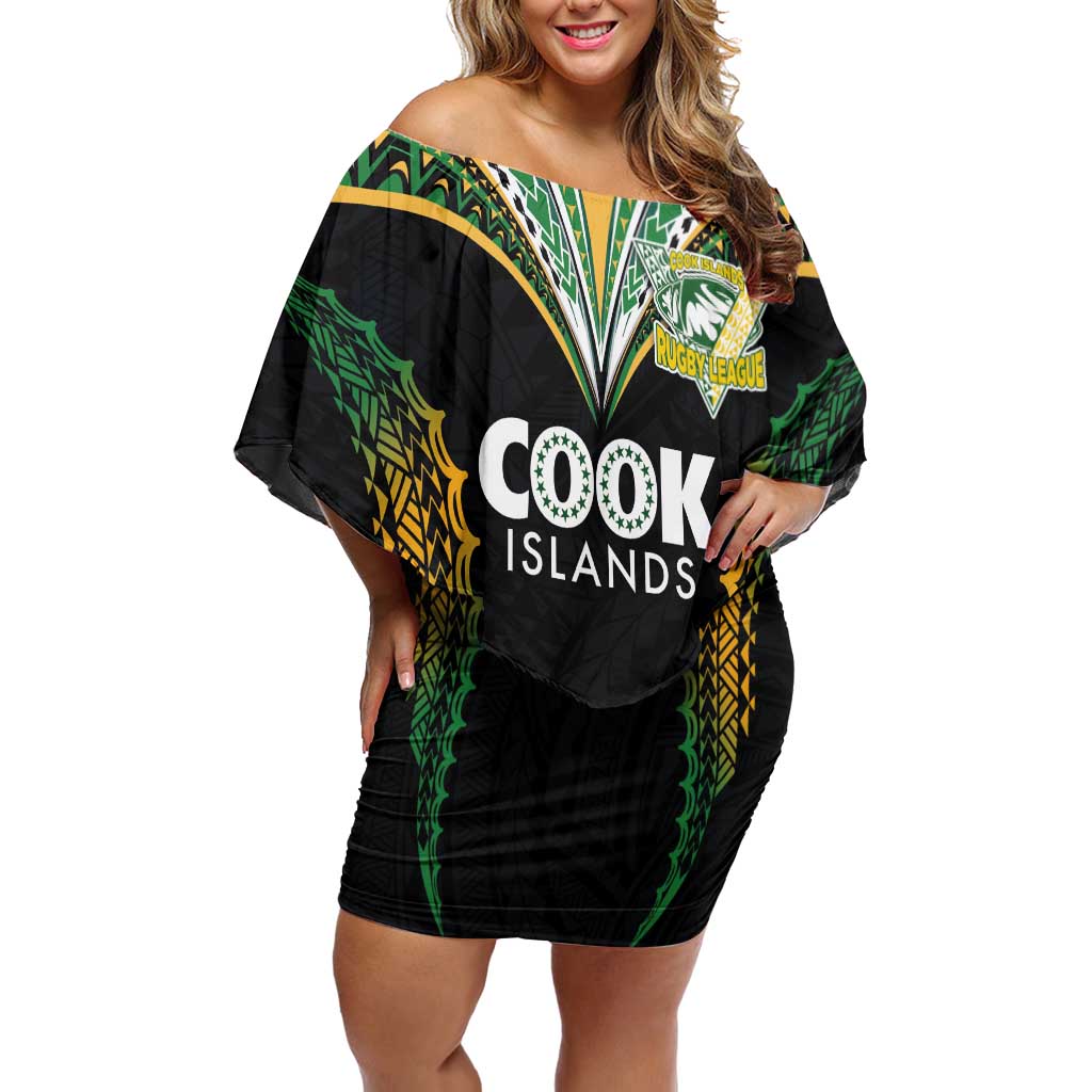 Custom Cook Islands Rugby League Family Matching Off Shoulder Short Dress and Hawaiian Shirt Tatau Tribal Pattern-Special Edition Black Color LT03 Mom's Dress Green-Black - Polynesian Pride