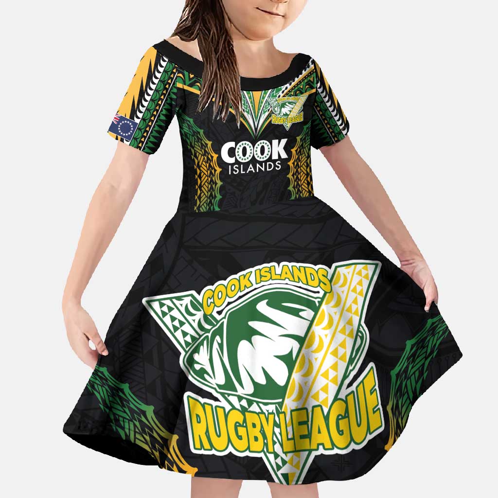 Custom Cook Islands Rugby League Family Matching Summer Maxi Dress and Hawaiian Shirt Tatau Tribal Pattern-Special Edition Black Color LT03 Daughter's Dress Green-Black - Polynesian Pride