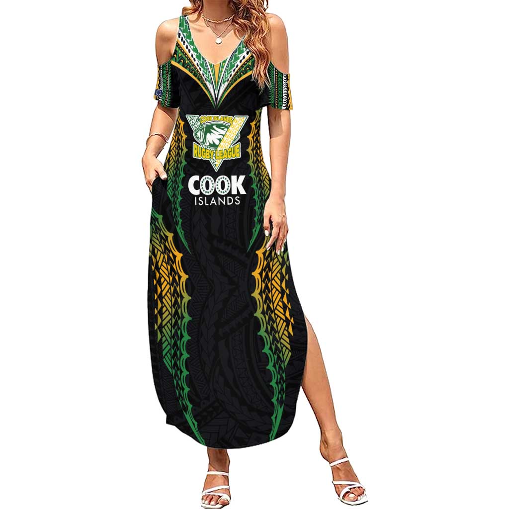 Custom Cook Islands Rugby League Family Matching Summer Maxi Dress and Hawaiian Shirt Tatau Tribal Pattern-Special Edition Black Color LT03 Mom's Dress Green-Black - Polynesian Pride