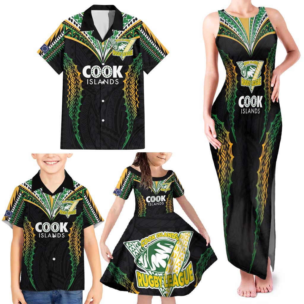 Custom Cook Islands Rugby League Family Matching Tank Maxi Dress and Hawaiian Shirt Tatau Tribal Pattern-Special Edition Black Color LT03 - Polynesian Pride