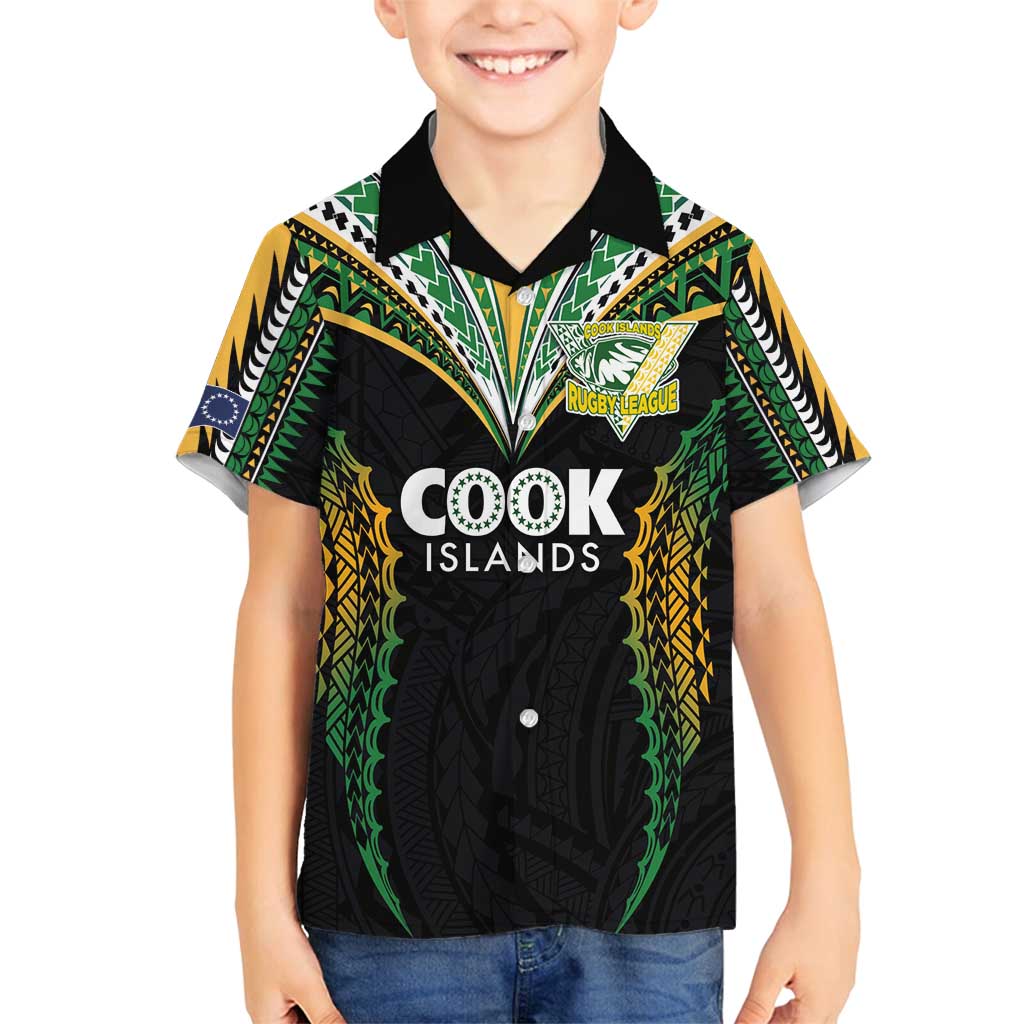 Custom Cook Islands Rugby League Family Matching Tank Maxi Dress and Hawaiian Shirt Tatau Tribal Pattern-Special Edition Black Color LT03 Son's Shirt Green-Black - Polynesian Pride
