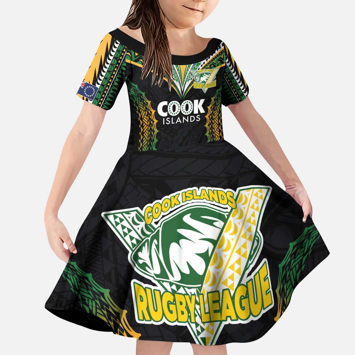 Custom Cook Islands Rugby League Kid Short Sleeve Dress Tatau Tribal Pattern-Special Edition Black Color LT03 KID Green-Black - Polynesian Pride