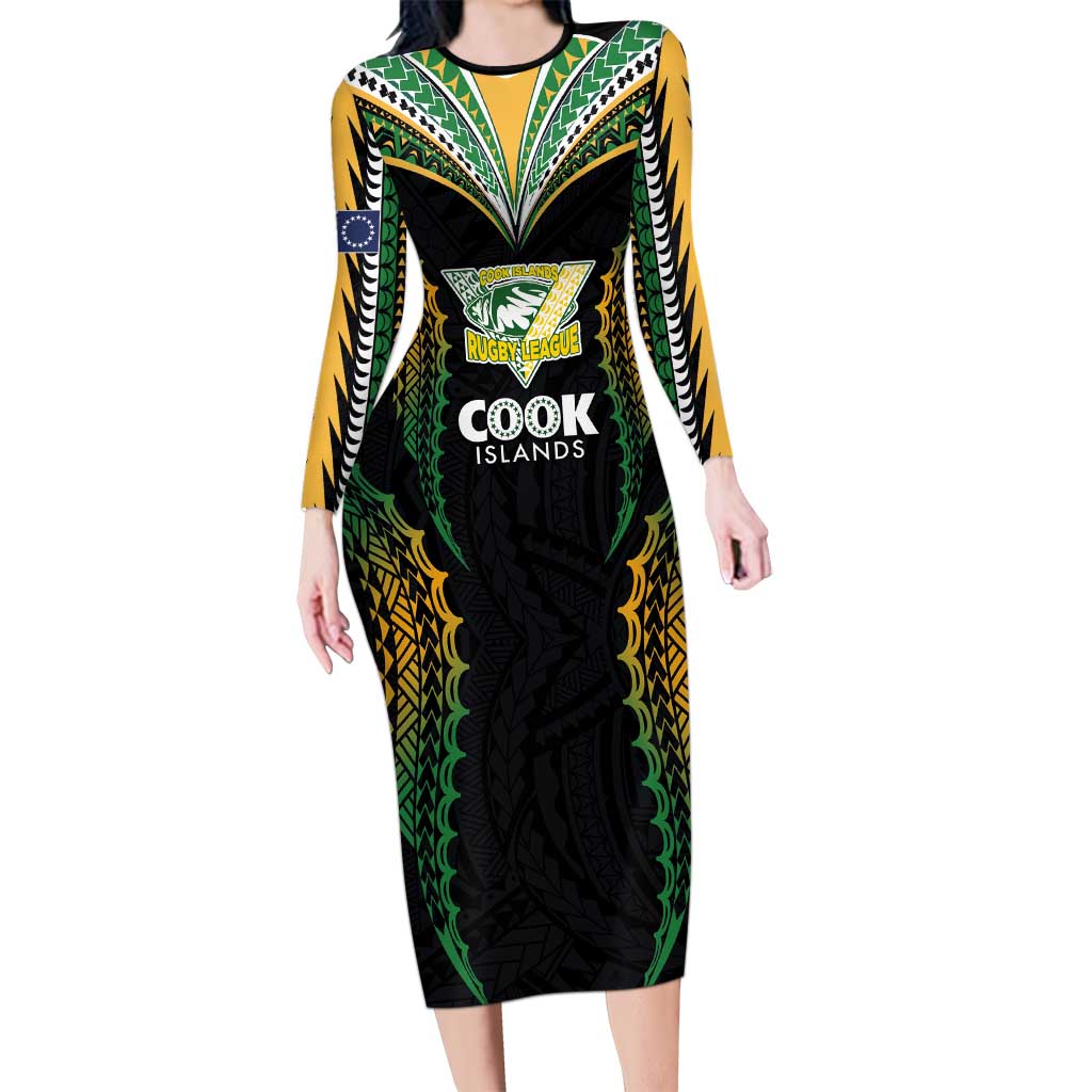 Custom Cook Islands Rugby League Long Sleeve Bodycon Dress Tatau Tribal Pattern-Special Edition Black Color LT03 Long Dress Green-Black - Polynesian Pride