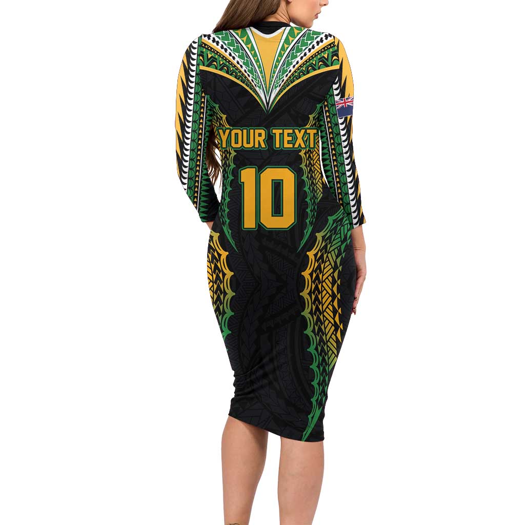 Custom Cook Islands Rugby League Long Sleeve Bodycon Dress Tatau Tribal Pattern-Special Edition Black Color LT03 - Polynesian Pride
