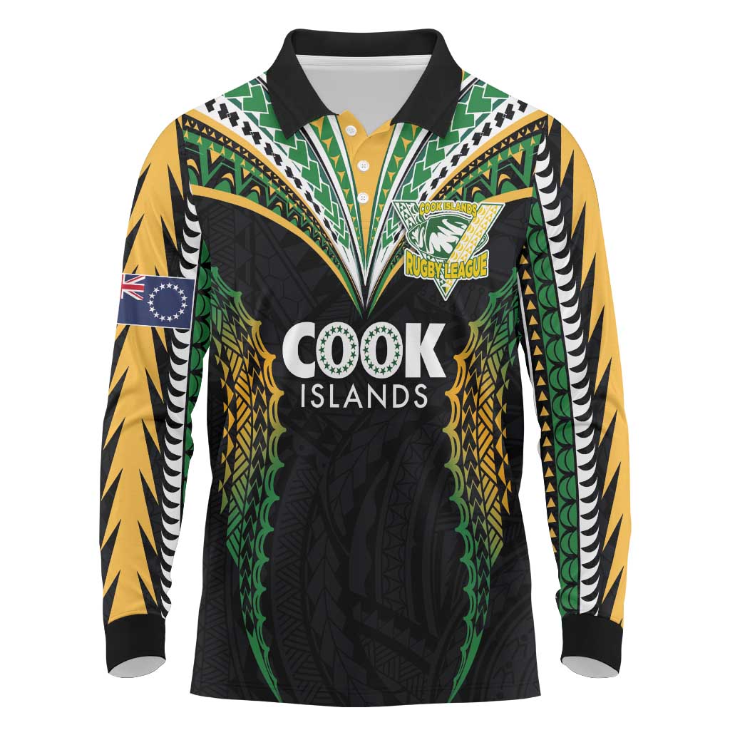 Custom Cook Islands Rugby League Long Sleeve Polo Shirt Tatau Tribal Pattern-Special Edition Black Color LT03 Green-Black - Polynesian Pride