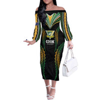 Custom Cook Islands Rugby League Off The Shoulder Long Sleeve Dress Tatau Tribal Pattern-Special Edition Black Color LT03 Women Green-Black - Polynesian Pride