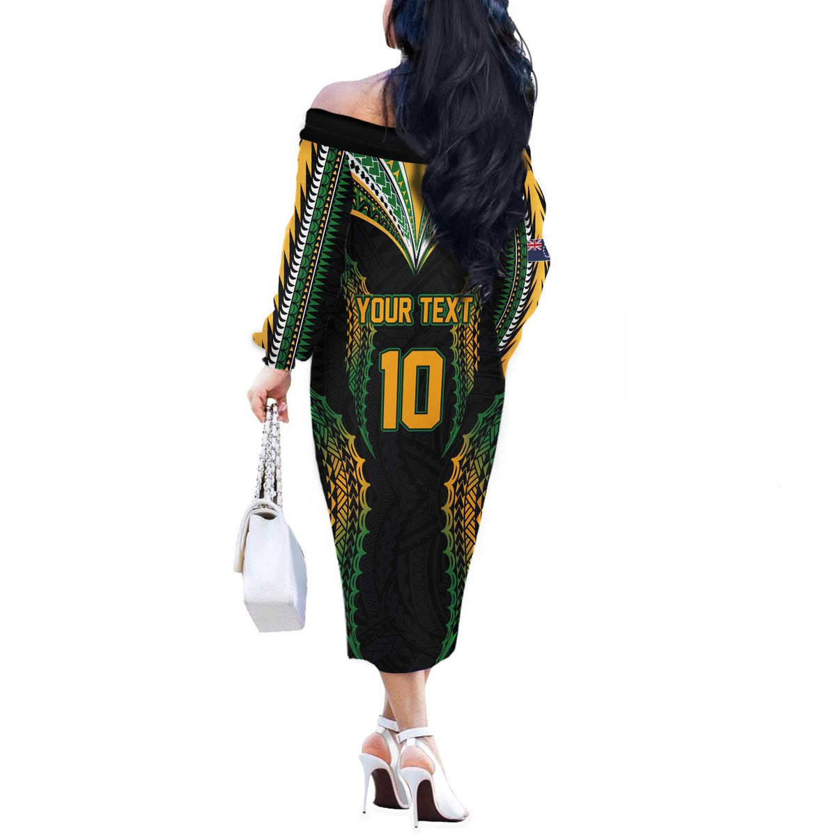 Custom Cook Islands Rugby League Off The Shoulder Long Sleeve Dress Tatau Tribal Pattern-Special Edition Black Color LT03 - Polynesian Pride