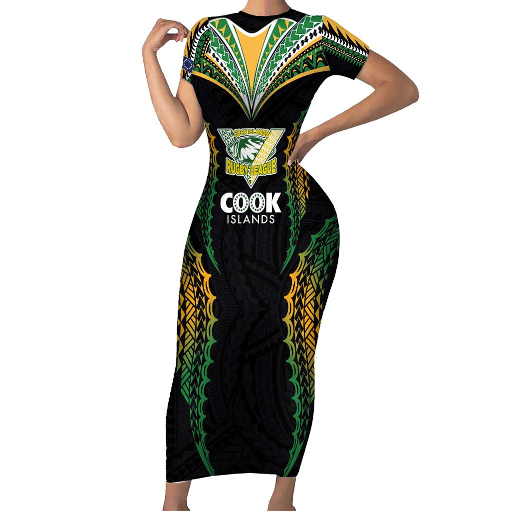 Custom Cook Islands Rugby League Short Sleeve Bodycon Dress Tatau Tribal Pattern-Special Edition Black Color LT03 Long Dress Green-Black - Polynesian Pride
