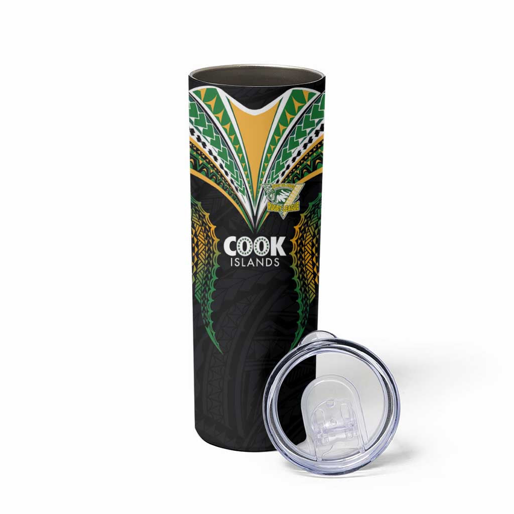 Custom Cook Island Rugby League 2025 Skinny Tumbler Tatau Tribal Pattern-Special Edition Black Color LT03 - Polynesian Pride