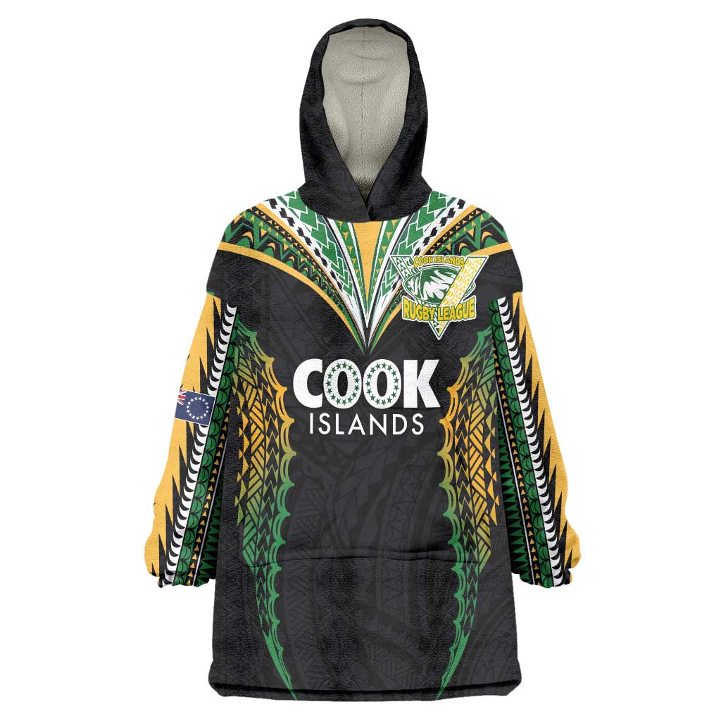 Custom Cook Islands Rugby League Wearable Blanket Hoodie Tatau Tribal Pattern-Special Edition Black Color LT03 One Size Green-Black - Polynesian Pride