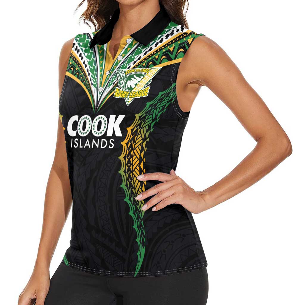 Custom Cook Islands Rugby League Women Sleeveless Polo Shirt Tatau Tribal Pattern-Special Edition Black Color LT03 - Polynesian Pride