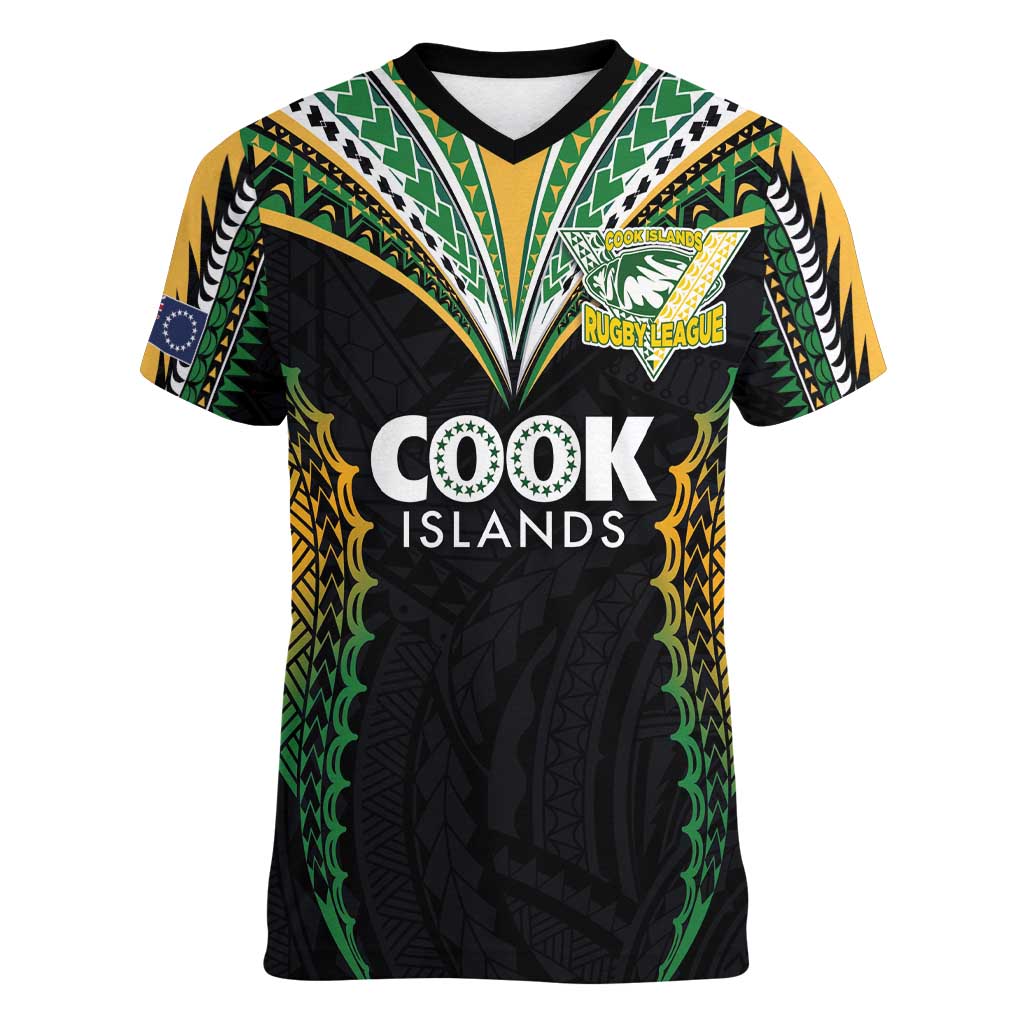 Custom Cook Islands Rugby League Women V-Neck T-Shirt Tatau Tribal Pattern-Special Edition Black Color LT03 Female Green-Black - Polynesian Pride