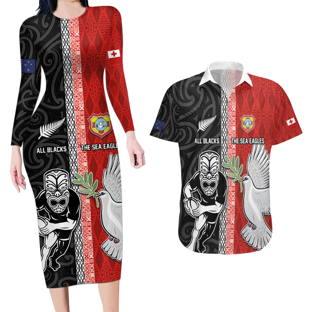 Custom Tonga and New Zealand Rugby Couples Matching Long Sleeve Bodycon Dress and Hawaiian Shirt Maori Mix Ngatu Pattern LT03 Black - Polynesian Pride