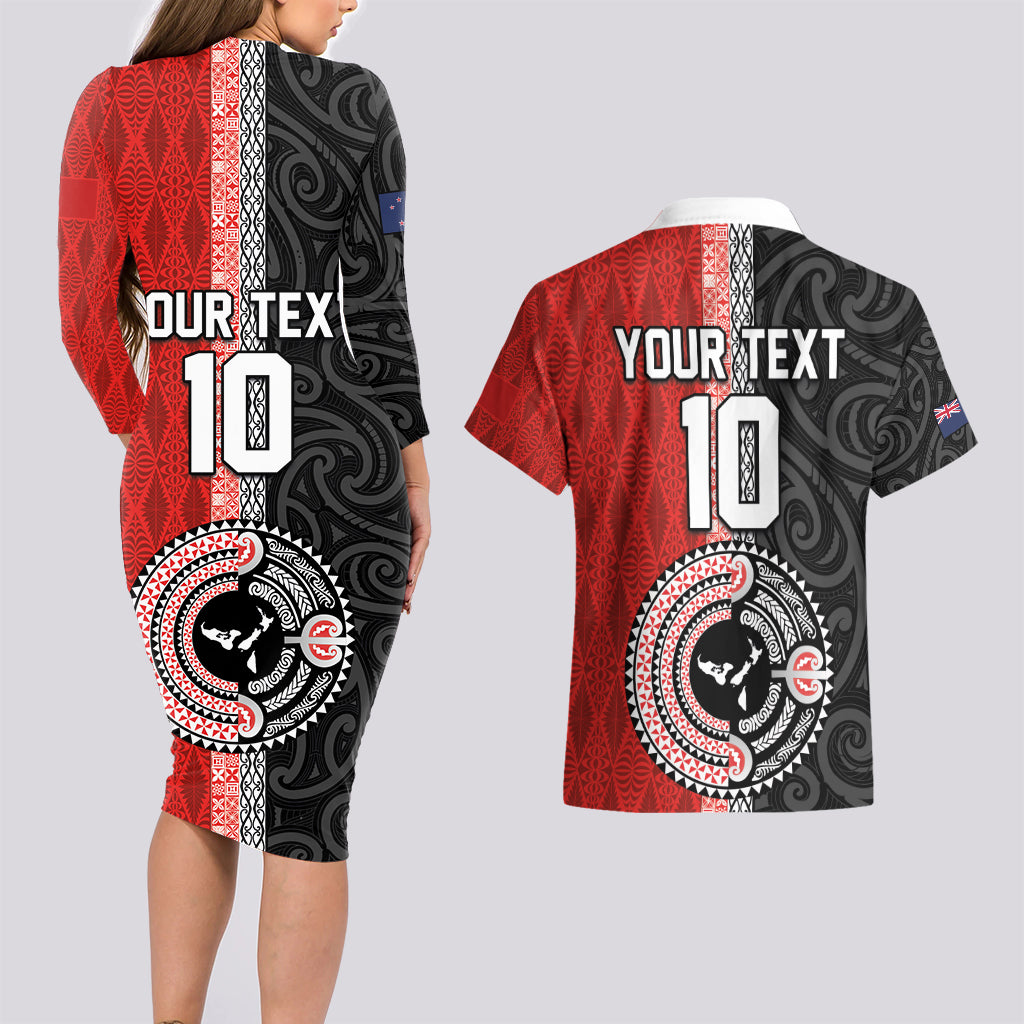 Custom Tonga and New Zealand Rugby Couples Matching Long Sleeve Bodycon Dress and Hawaiian Shirt Maori Mix Ngatu Pattern LT03 - Polynesian Pride