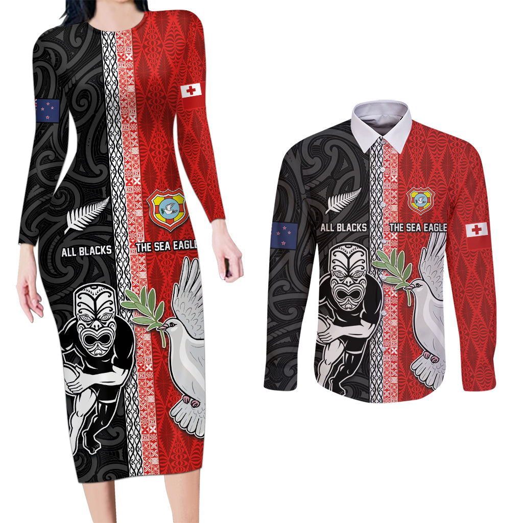 Custom Tonga and New Zealand Rugby Couples Matching Long Sleeve Bodycon Dress and Long Sleeve Button Shirt Maori Mix Ngatu Pattern LT03 Black - Polynesian Pride