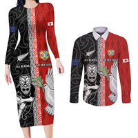 Custom Tonga and New Zealand Rugby Couples Matching Long Sleeve Bodycon Dress and Long Sleeve Button Shirt Maori Mix Ngatu Pattern LT03 Black - Polynesian Pride