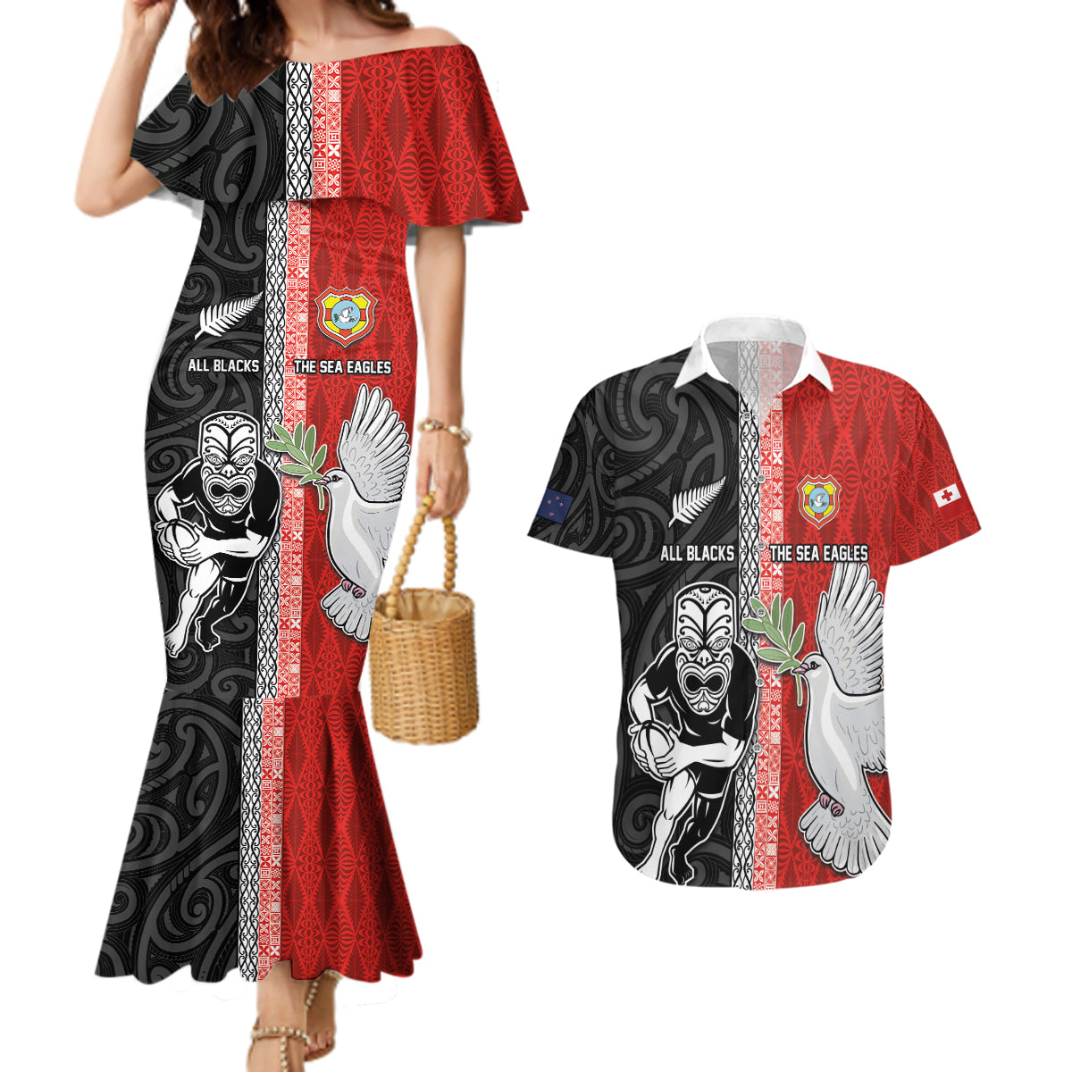 Custom Tonga and New Zealand Rugby Couples Matching Mermaid Dress and Hawaiian Shirt Maori Mix Ngatu Pattern LT03 Black - Polynesian Pride