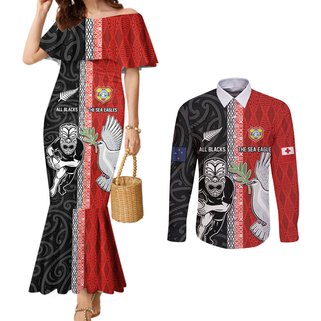 Custom Tonga and New Zealand Rugby Couples Matching Mermaid Dress and Long Sleeve Button Shirt Maori Mix Ngatu Pattern LT03 Black - Polynesian Pride
