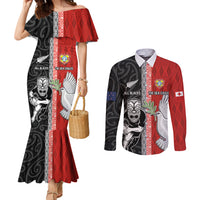 Custom Tonga and New Zealand Rugby Couples Matching Mermaid Dress and Long Sleeve Button Shirt Maori Mix Ngatu Pattern LT03 Black - Polynesian Pride