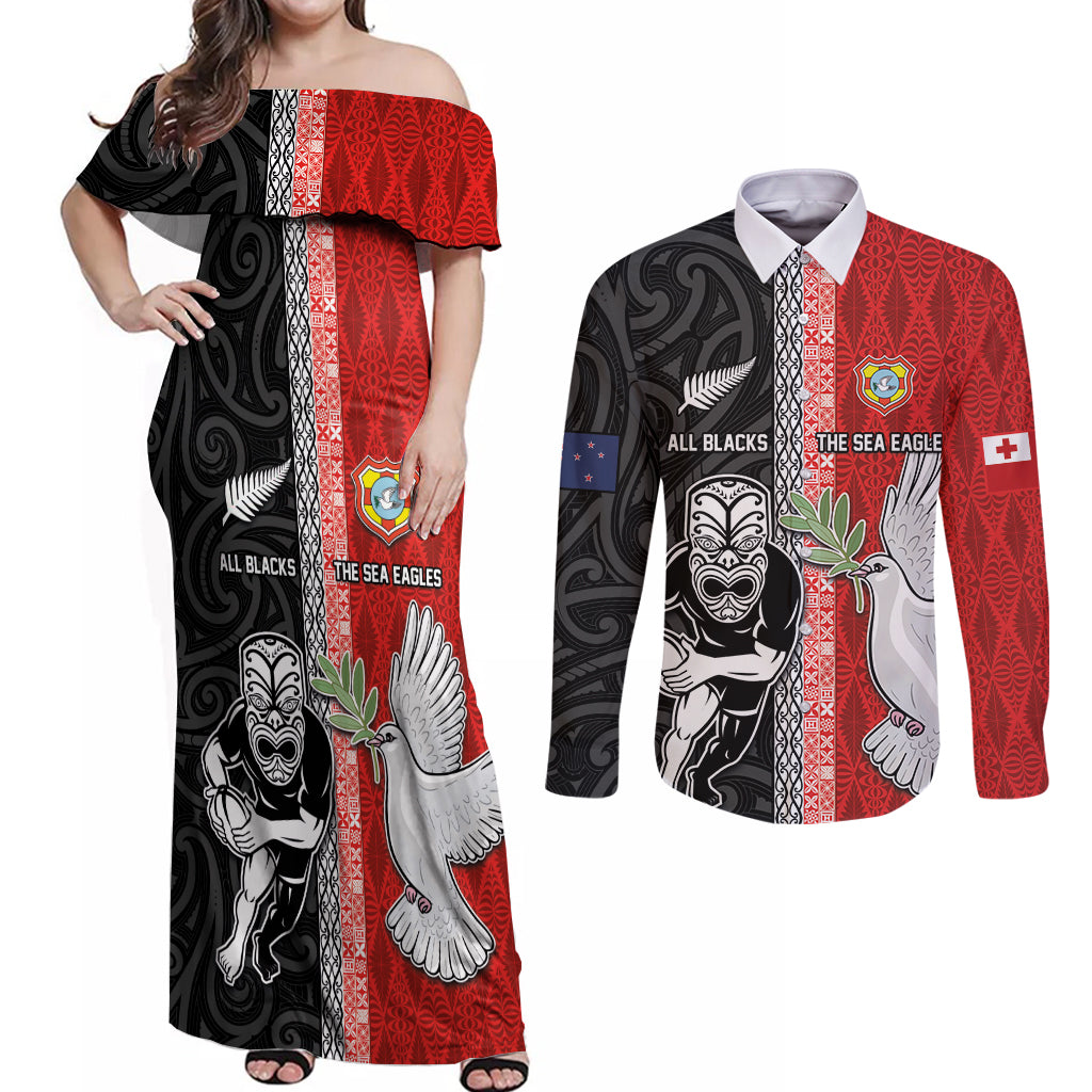 Custom Tonga and New Zealand Rugby Couples Matching Off Shoulder Maxi Dress and Long Sleeve Button Shirt Maori Mix Ngatu Pattern LT03 Black - Polynesian Pride