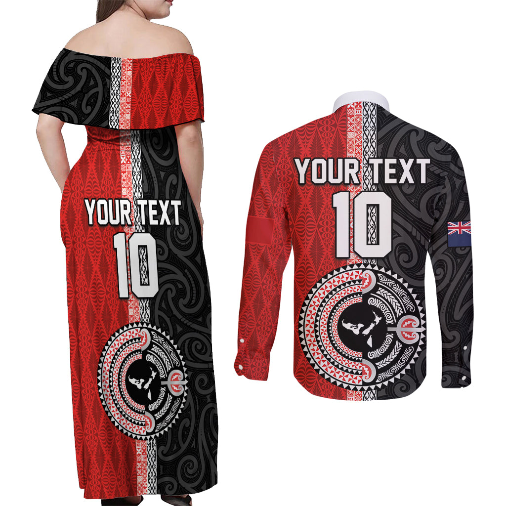 Custom Tonga and New Zealand Rugby Couples Matching Off Shoulder Maxi Dress and Long Sleeve Button Shirt Maori Mix Ngatu Pattern LT03 - Polynesian Pride