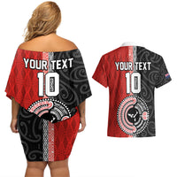 Custom Tonga and New Zealand Rugby Couples Matching Off Shoulder Short Dress and Hawaiian Shirt Maori Mix Ngatu Pattern LT03 - Polynesian Pride