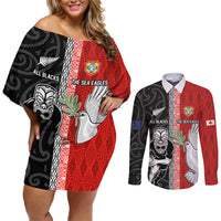 Custom Tonga and New Zealand Rugby Couples Matching Off Shoulder Short Dress and Long Sleeve Button Shirt Maori Mix Ngatu Pattern LT03 Black - Polynesian Pride