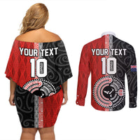 Custom Tonga and New Zealand Rugby Couples Matching Off Shoulder Short Dress and Long Sleeve Button Shirt Maori Mix Ngatu Pattern LT03 - Polynesian Pride