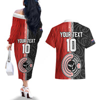Custom Tonga and New Zealand Rugby Couples Matching Off The Shoulder Long Sleeve Dress and Hawaiian Shirt Maori Mix Ngatu Pattern LT03 - Polynesian Pride