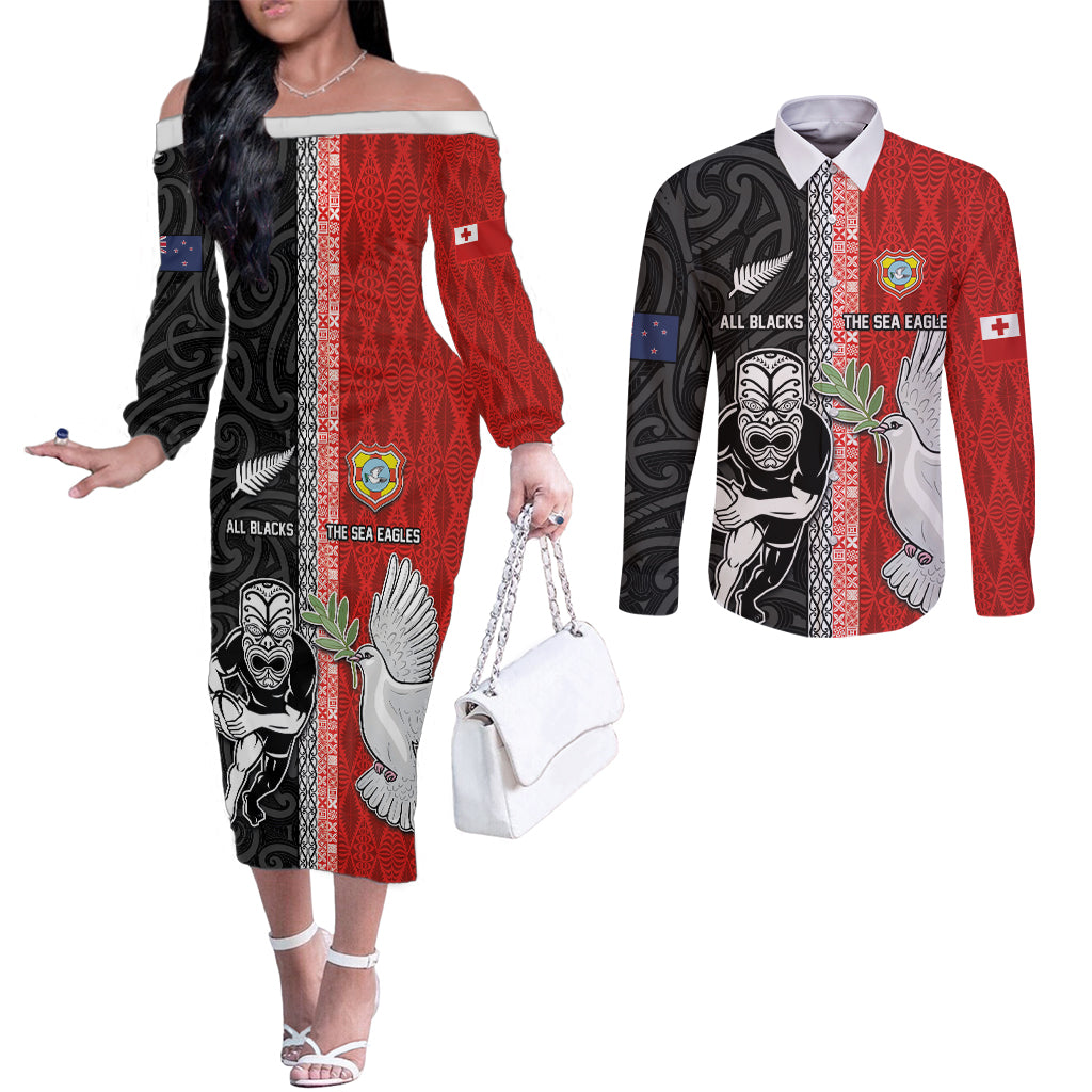 Custom Tonga and New Zealand Rugby Couples Matching Off The Shoulder Long Sleeve Dress and Long Sleeve Button Shirt Maori Mix Ngatu Pattern LT03 Black - Polynesian Pride