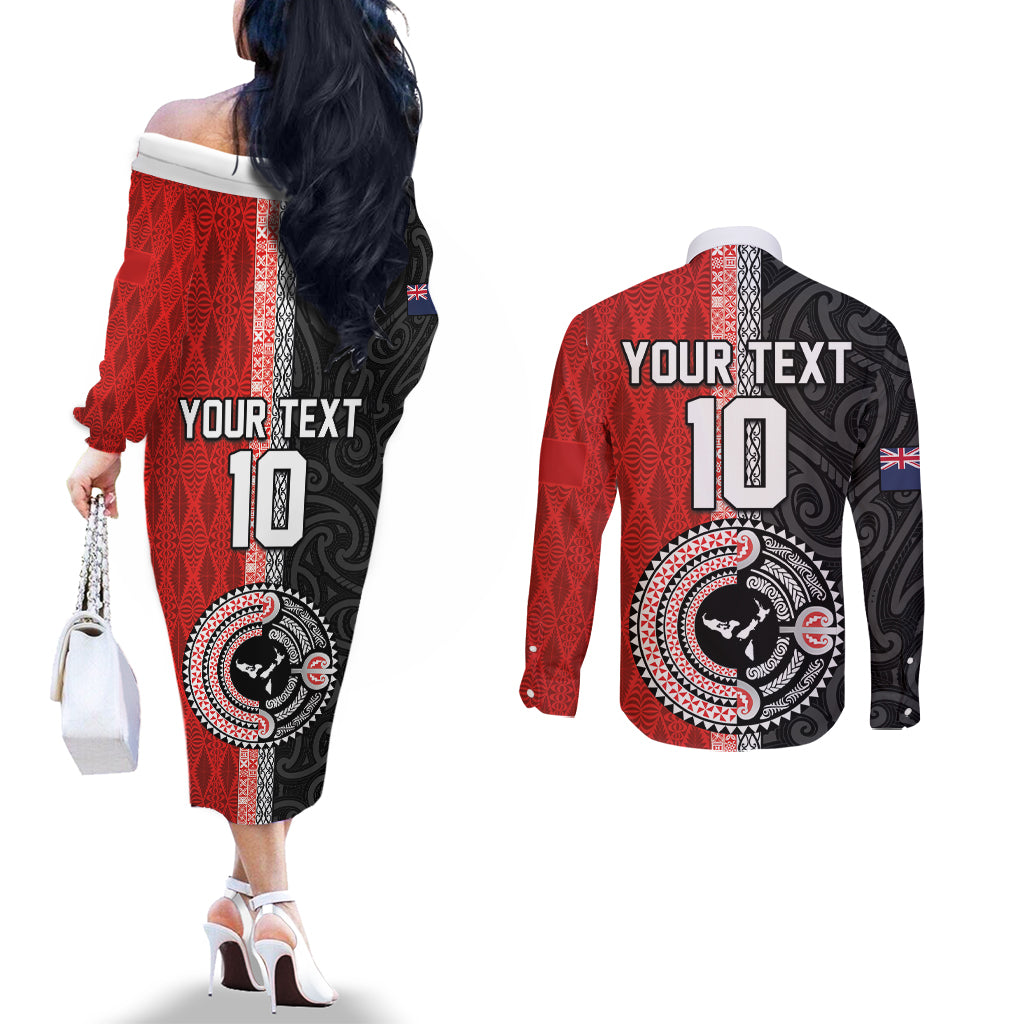 Custom Tonga and New Zealand Rugby Couples Matching Off The Shoulder Long Sleeve Dress and Long Sleeve Button Shirt Maori Mix Ngatu Pattern LT03 - Polynesian Pride