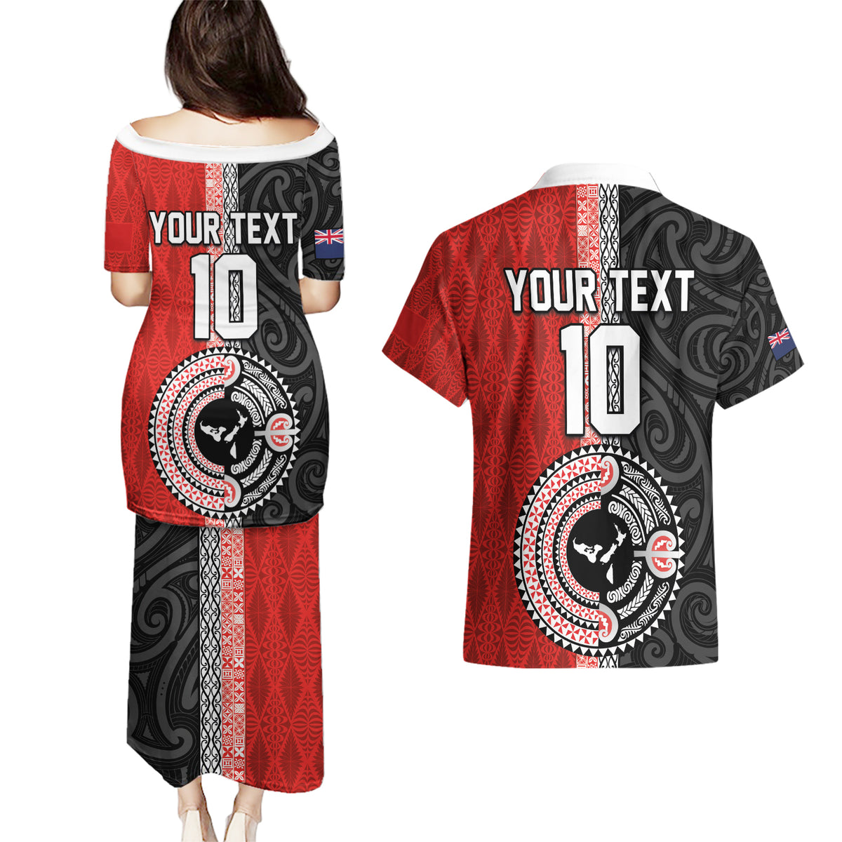 Custom Tonga and New Zealand Rugby Couples Matching Puletasi and Hawaiian Shirt Maori Mix Ngatu Pattern LT03 - Polynesian Pride
