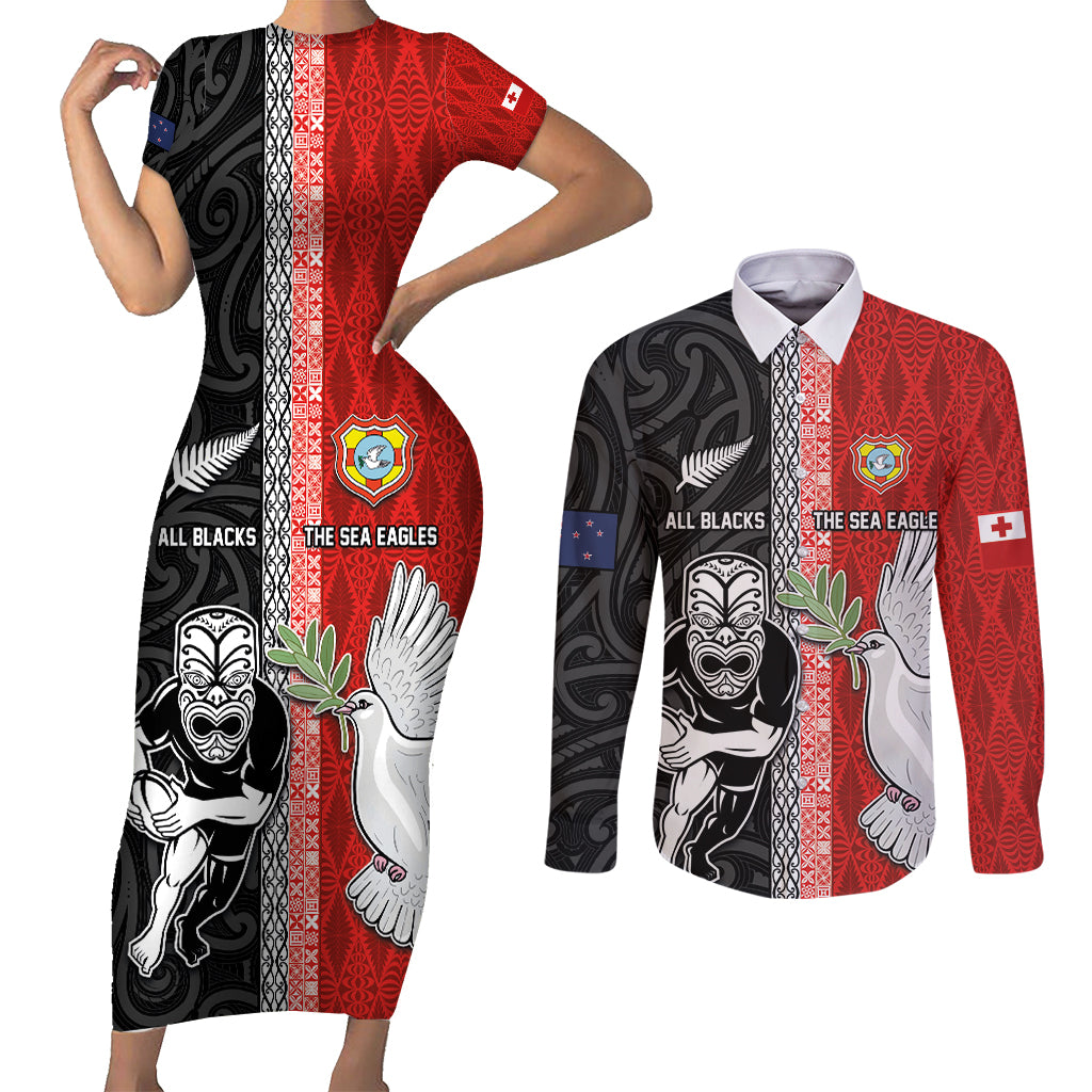 Custom Tonga and New Zealand Rugby Couples Matching Short Sleeve Bodycon Dress and Long Sleeve Button Shirt Maori Mix Ngatu Pattern LT03 Black - Polynesian Pride