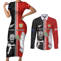 Custom Tonga and New Zealand Rugby Couples Matching Short Sleeve Bodycon Dress and Long Sleeve Button Shirt Maori Mix Ngatu Pattern LT03 Black - Polynesian Pride