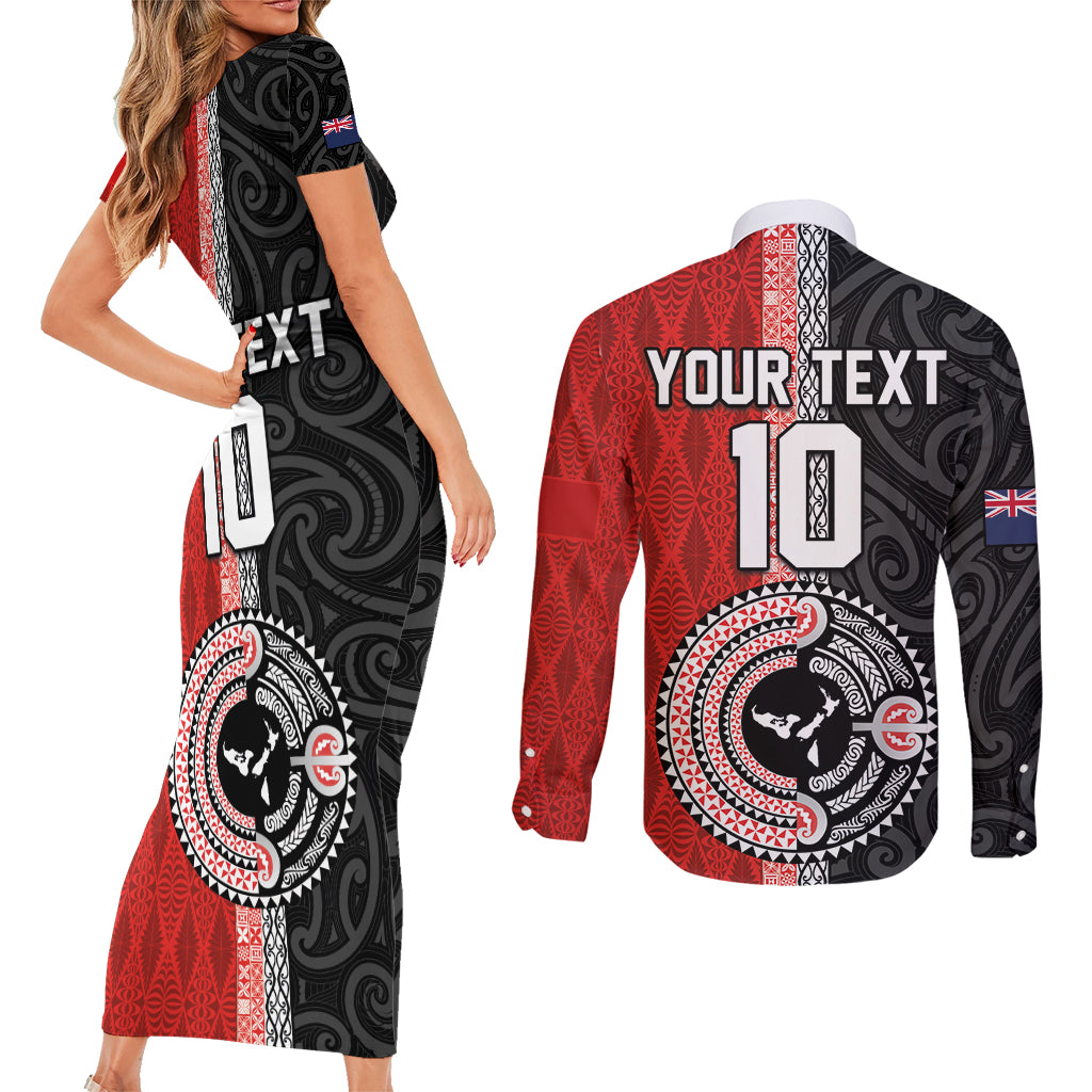 Custom Tonga and New Zealand Rugby Couples Matching Short Sleeve Bodycon Dress and Long Sleeve Button Shirt Maori Mix Ngatu Pattern LT03 - Polynesian Pride