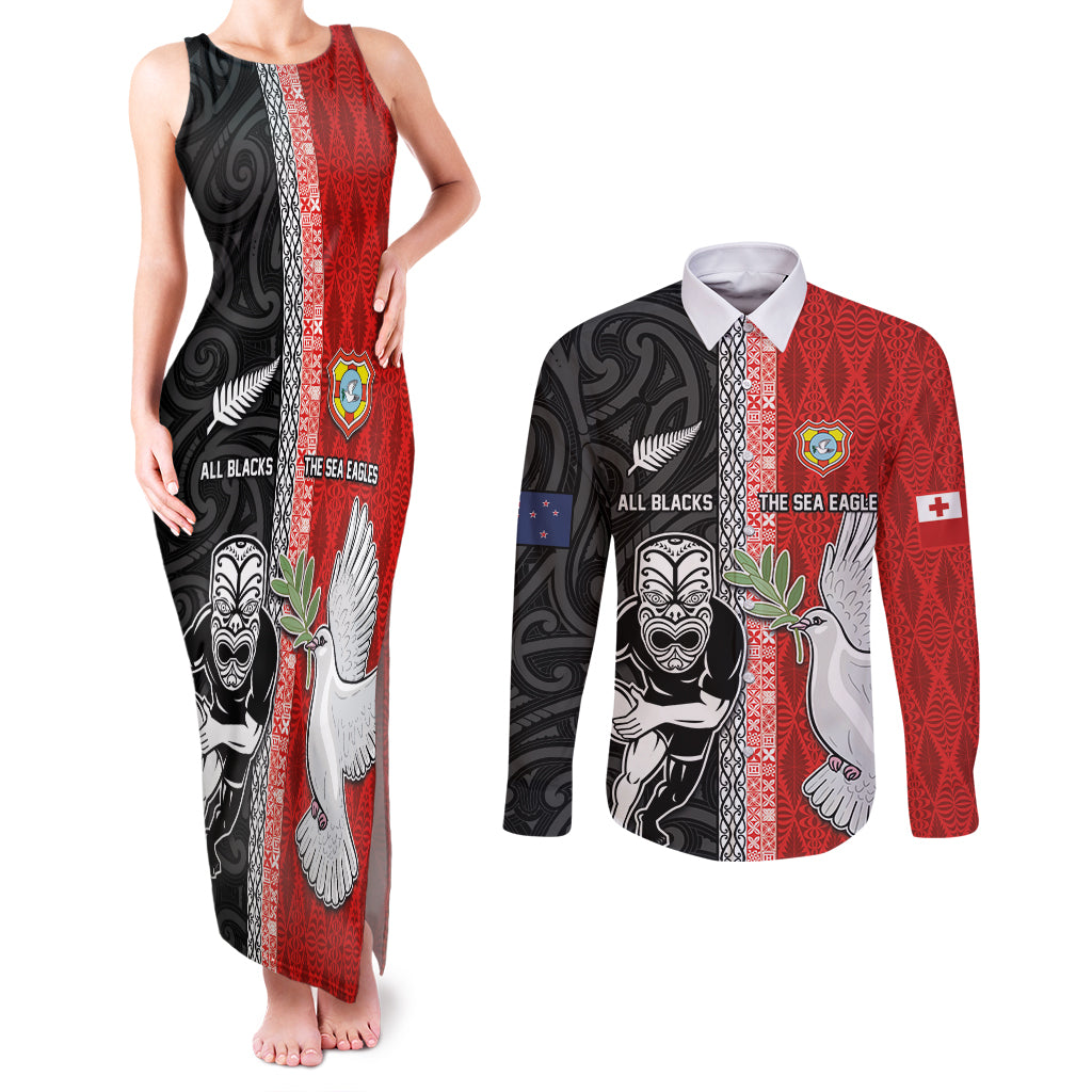 Custom Tonga and New Zealand Rugby Couples Matching Tank Maxi Dress and Long Sleeve Button Shirt Maori Mix Ngatu Pattern LT03 Black - Polynesian Pride