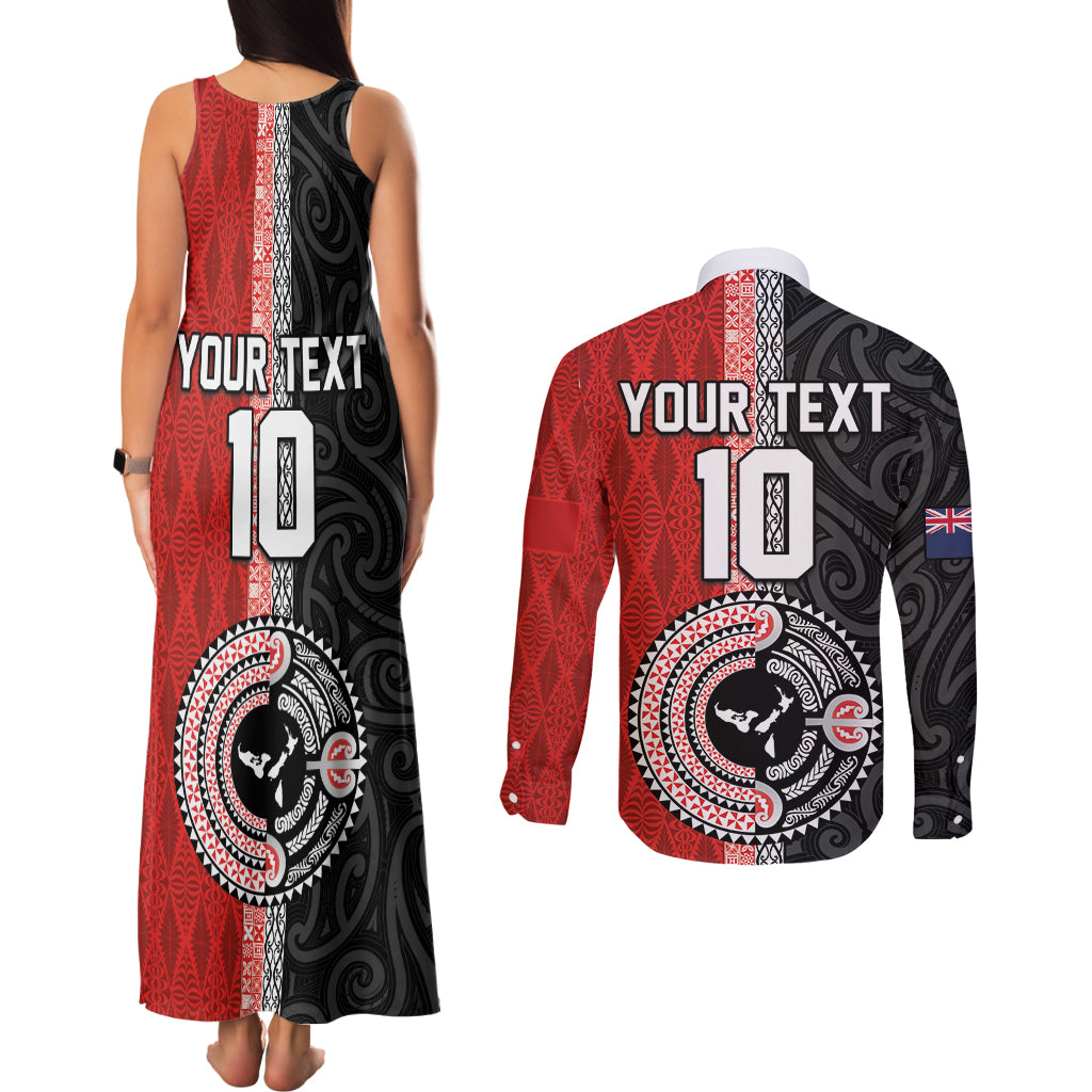 Custom Tonga and New Zealand Rugby Couples Matching Tank Maxi Dress and Long Sleeve Button Shirt Maori Mix Ngatu Pattern LT03 - Polynesian Pride