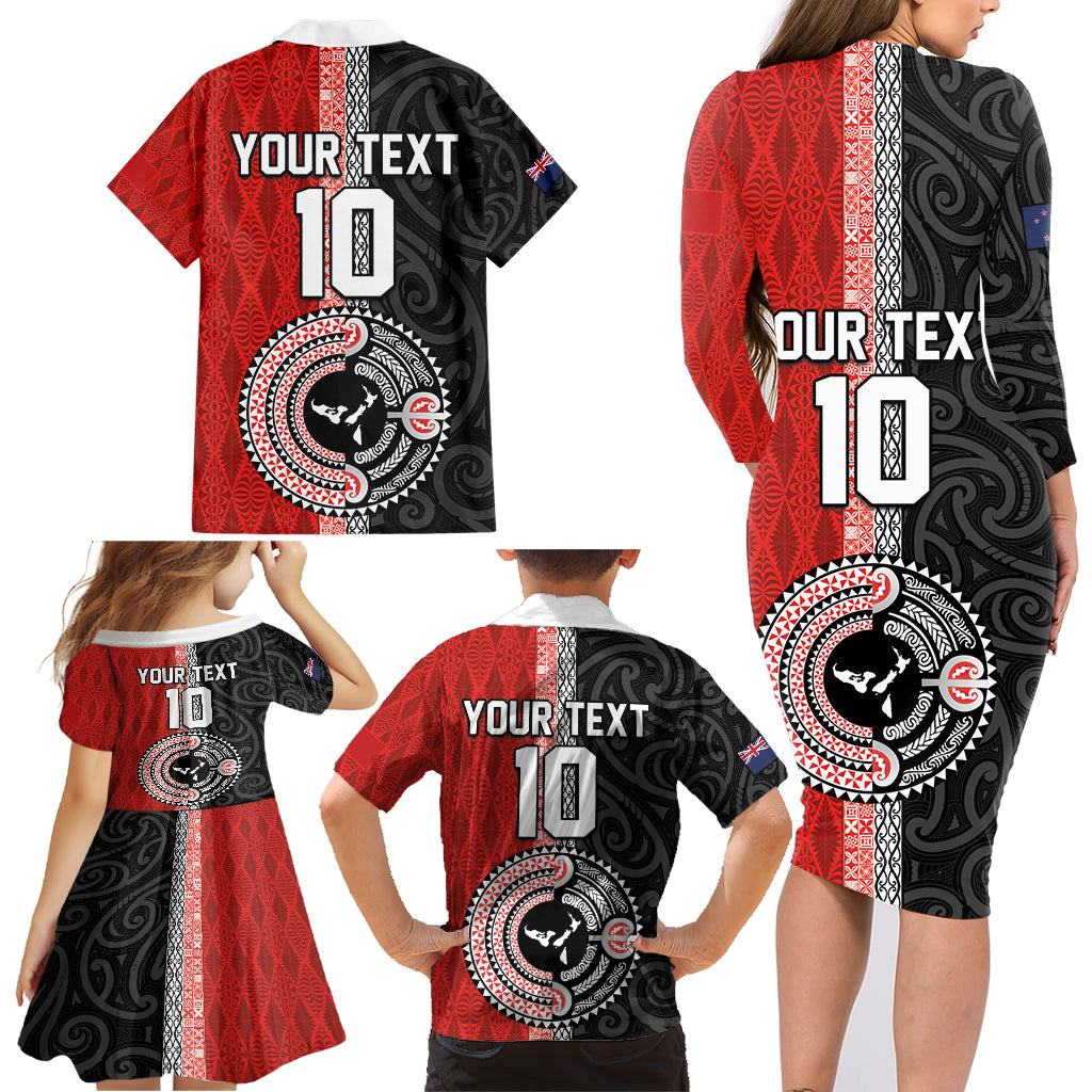 Custom Tonga and New Zealand Rugby Family Matching Long Sleeve Bodycon Dress and Hawaiian Shirt Maori Mix Ngatu Pattern LT03 - Polynesian Pride