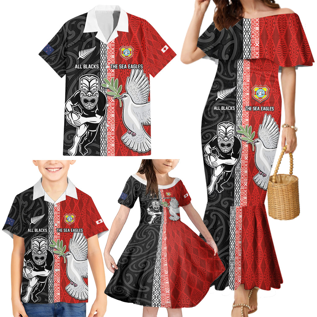 Custom Tonga and New Zealand Rugby Family Matching Mermaid Dress and Hawaiian Shirt Maori Mix Ngatu Pattern LT03 - Polynesian Pride