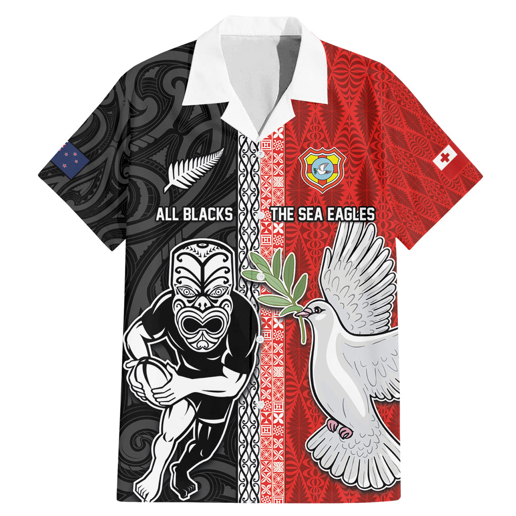 Custom Tonga and New Zealand Rugby Family Matching Mermaid Dress and Hawaiian Shirt Maori Mix Ngatu Pattern LT03 Dad's Shirt - Short Sleeve Black - Polynesian Pride